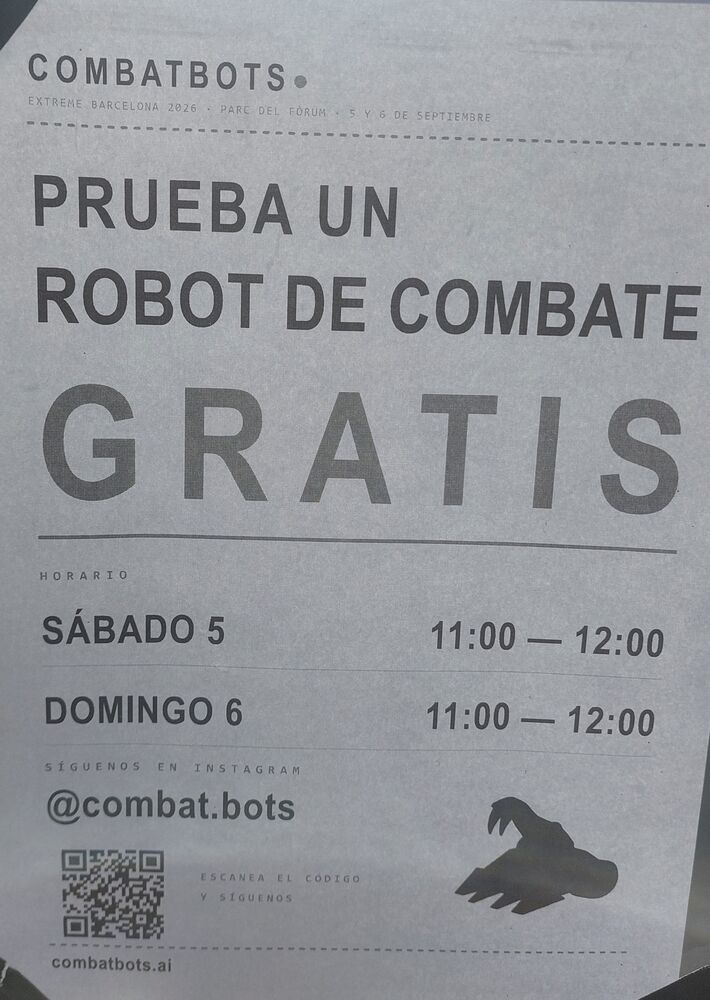Cartel: prueba un robot de combate gratis, sábado y domingo de once a doce